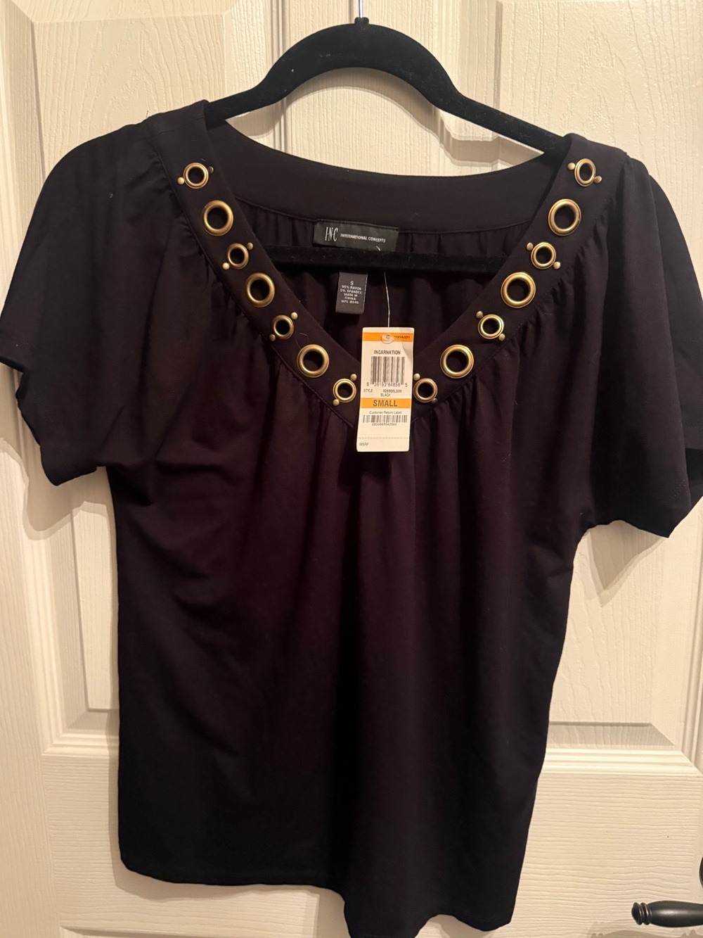 INC International Concepts Black Short Sleeve Top with Gold Grommet Trim